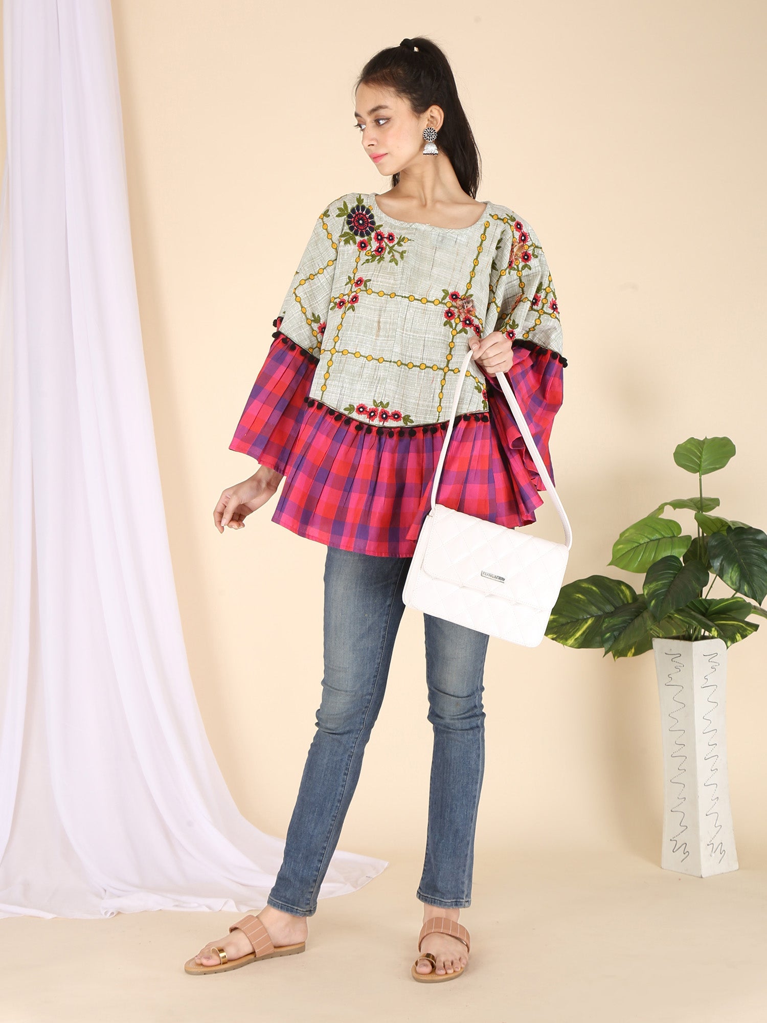 Chex Frill Embroidered Circular Poncho