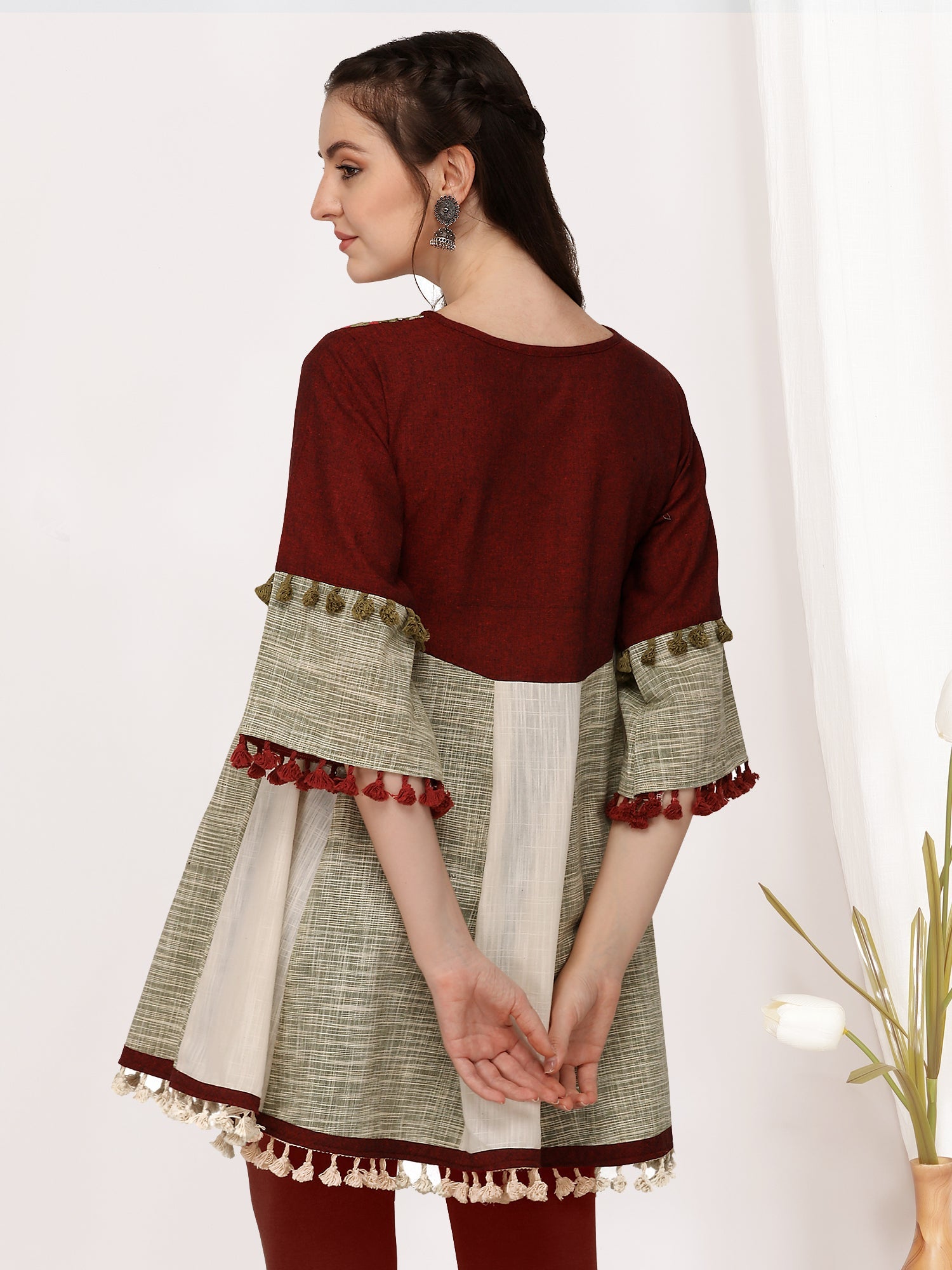 Deep wine cotton embroidered long kedia top