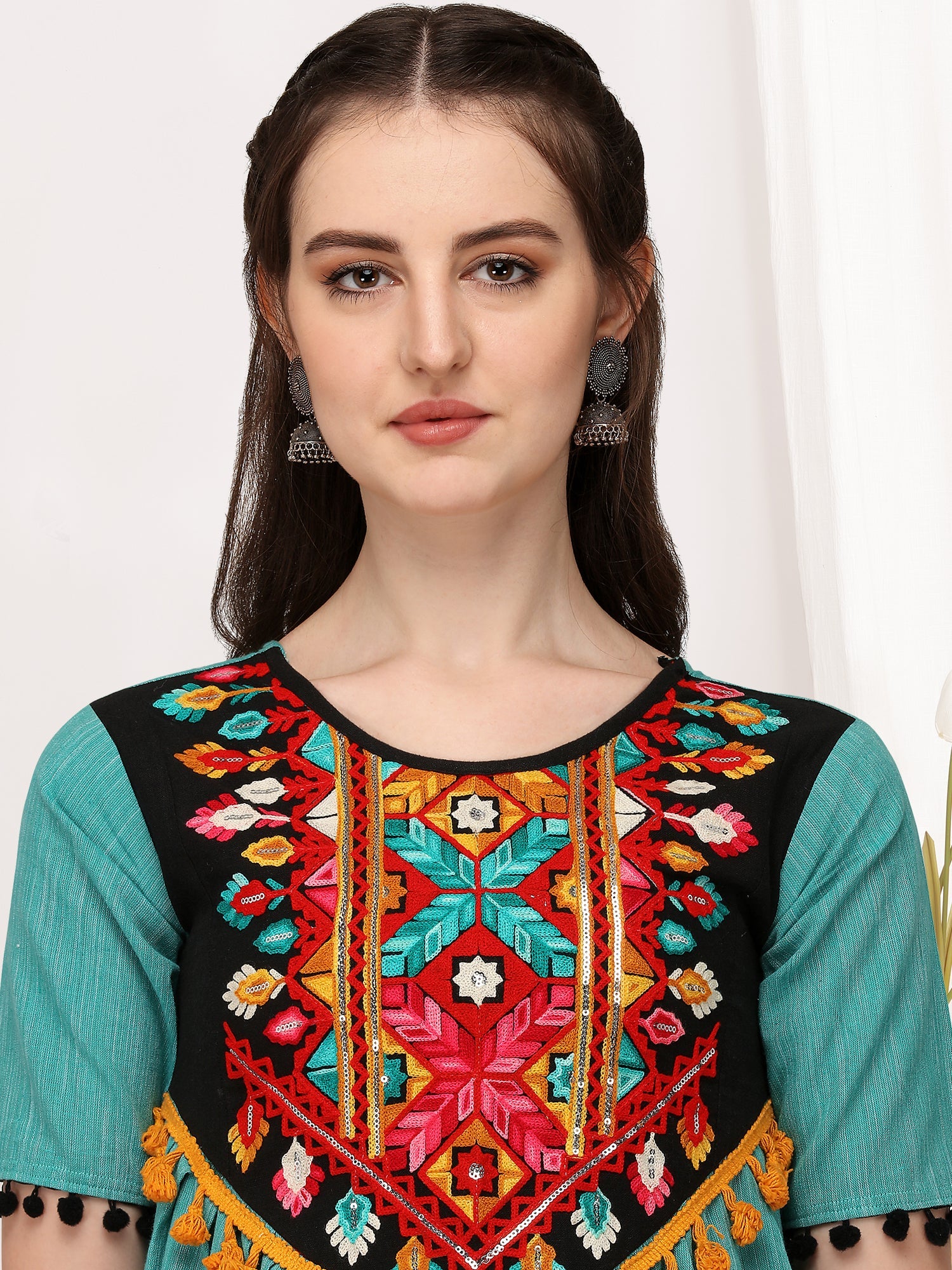 Turquoise and black embroidered long kedia top