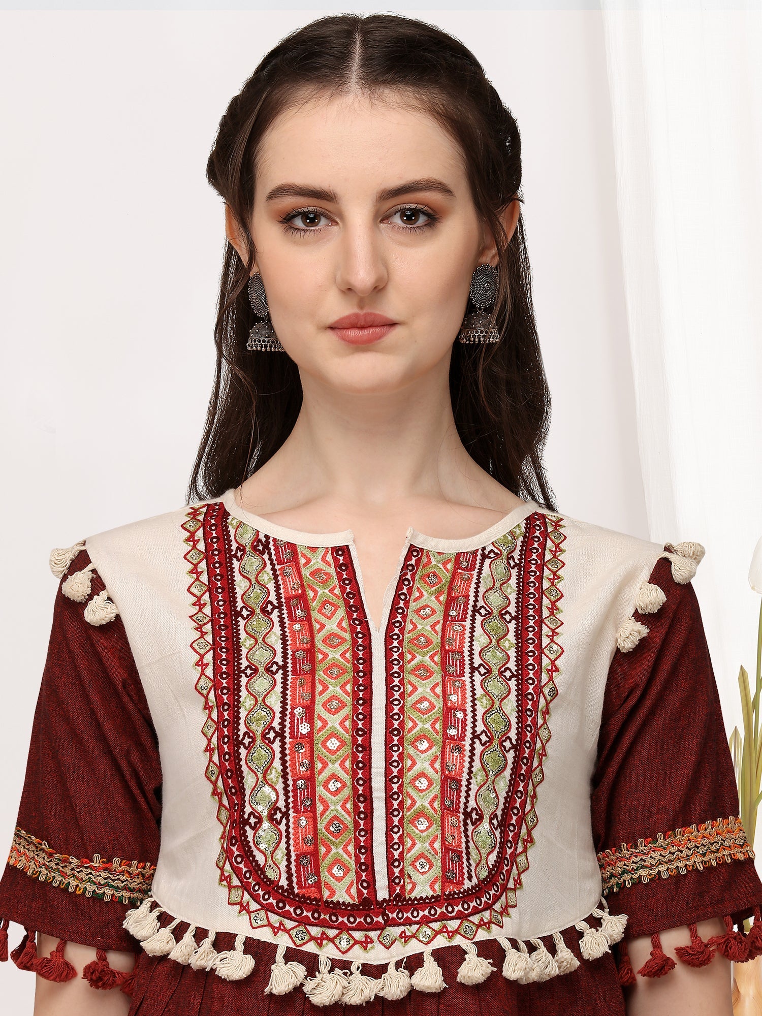 Cute off-white and peach embroidered long kedia top