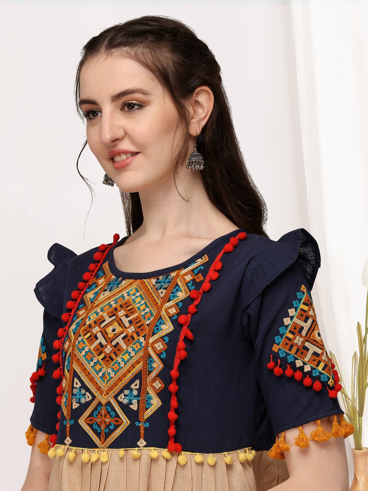 Turquoise embroidered long kedia top