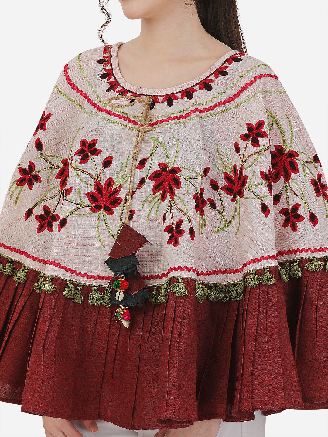 Baby Pink Floral Embroidered Circular Winter Poncho