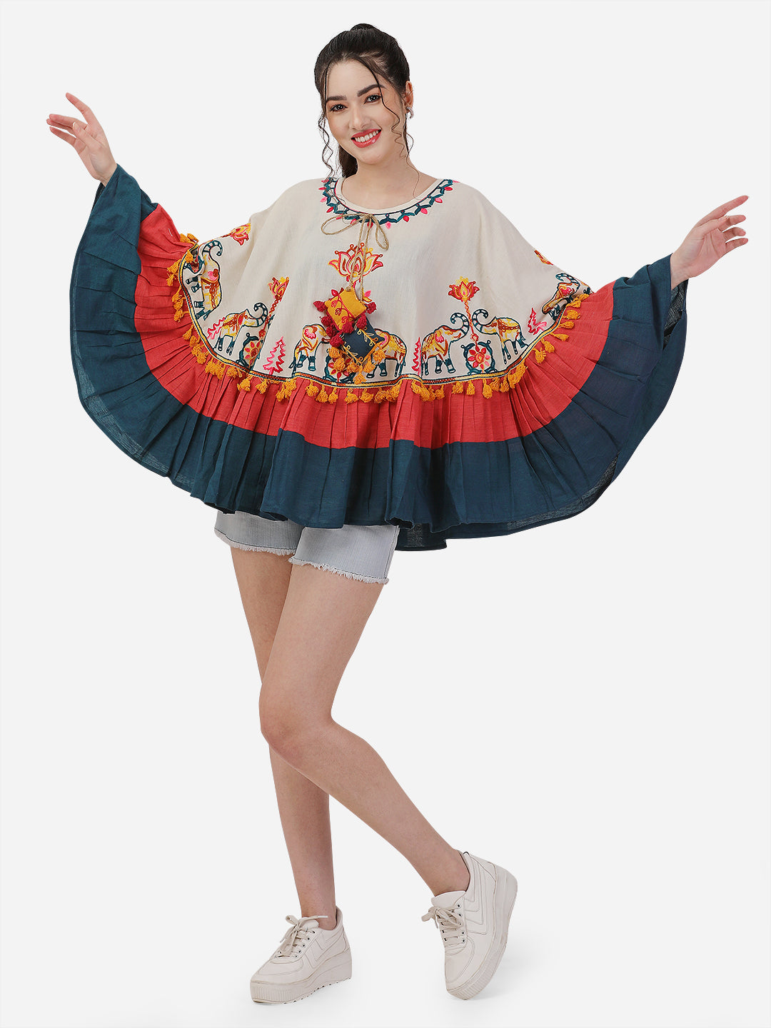 Off White Elephant Embroidered Circular Winter Poncho