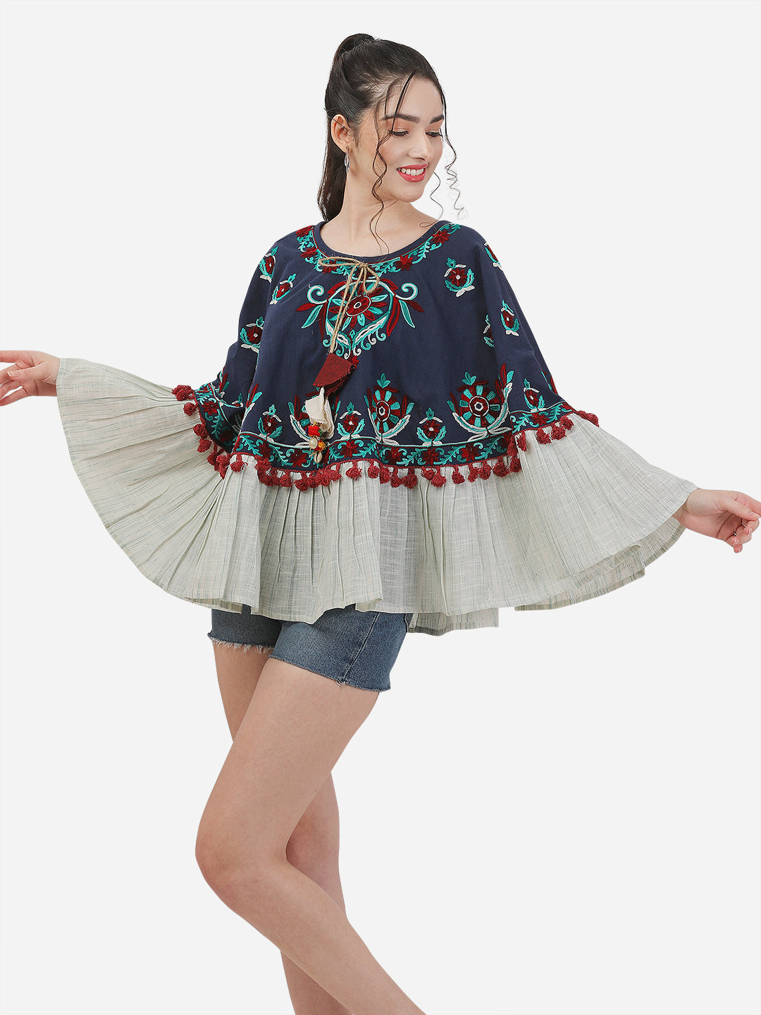 Navy Blue Fancy Embroidered Winter Circular Poncho