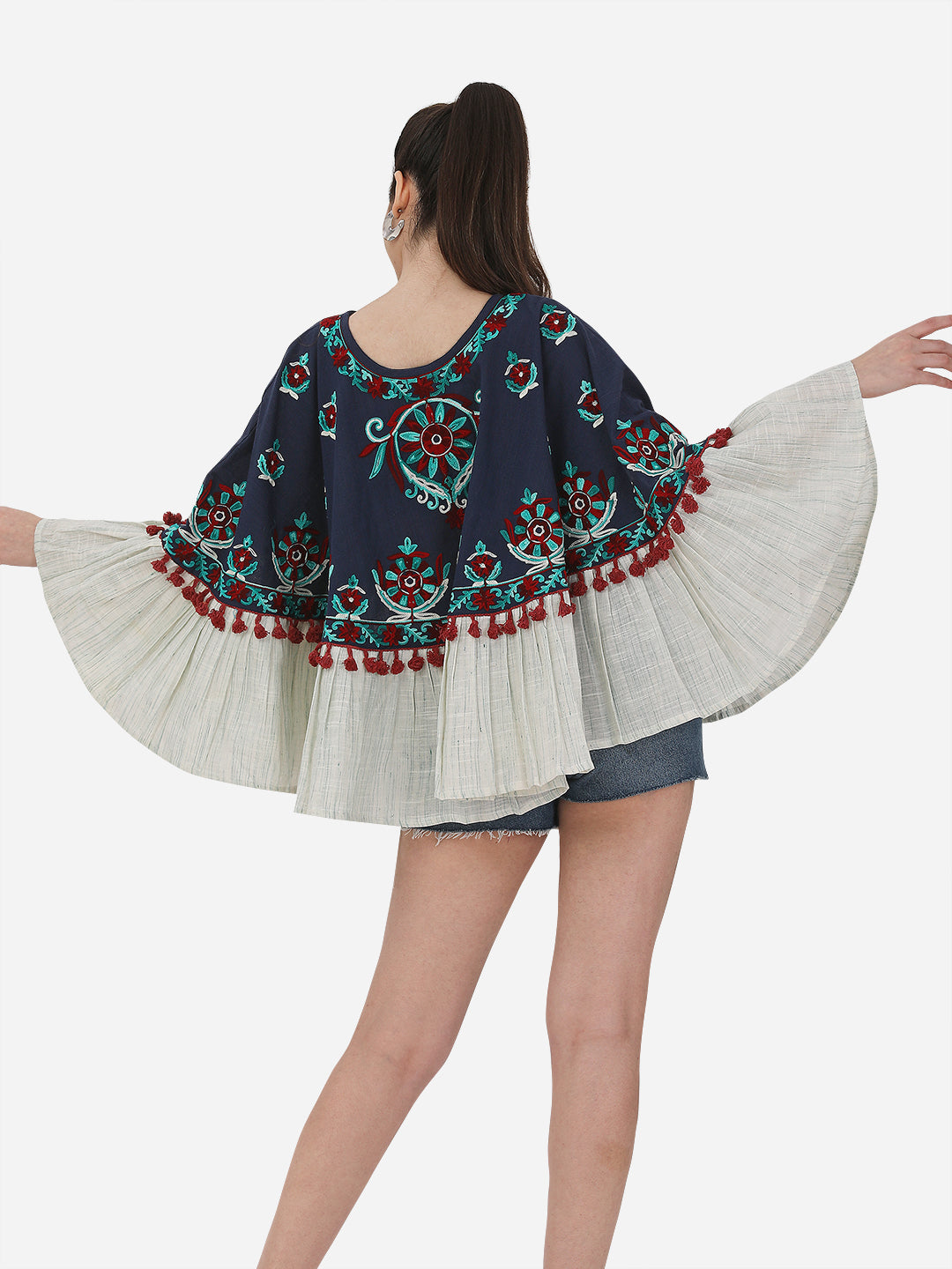 Navy Blue Fancy Embroidered Winter Circular Poncho