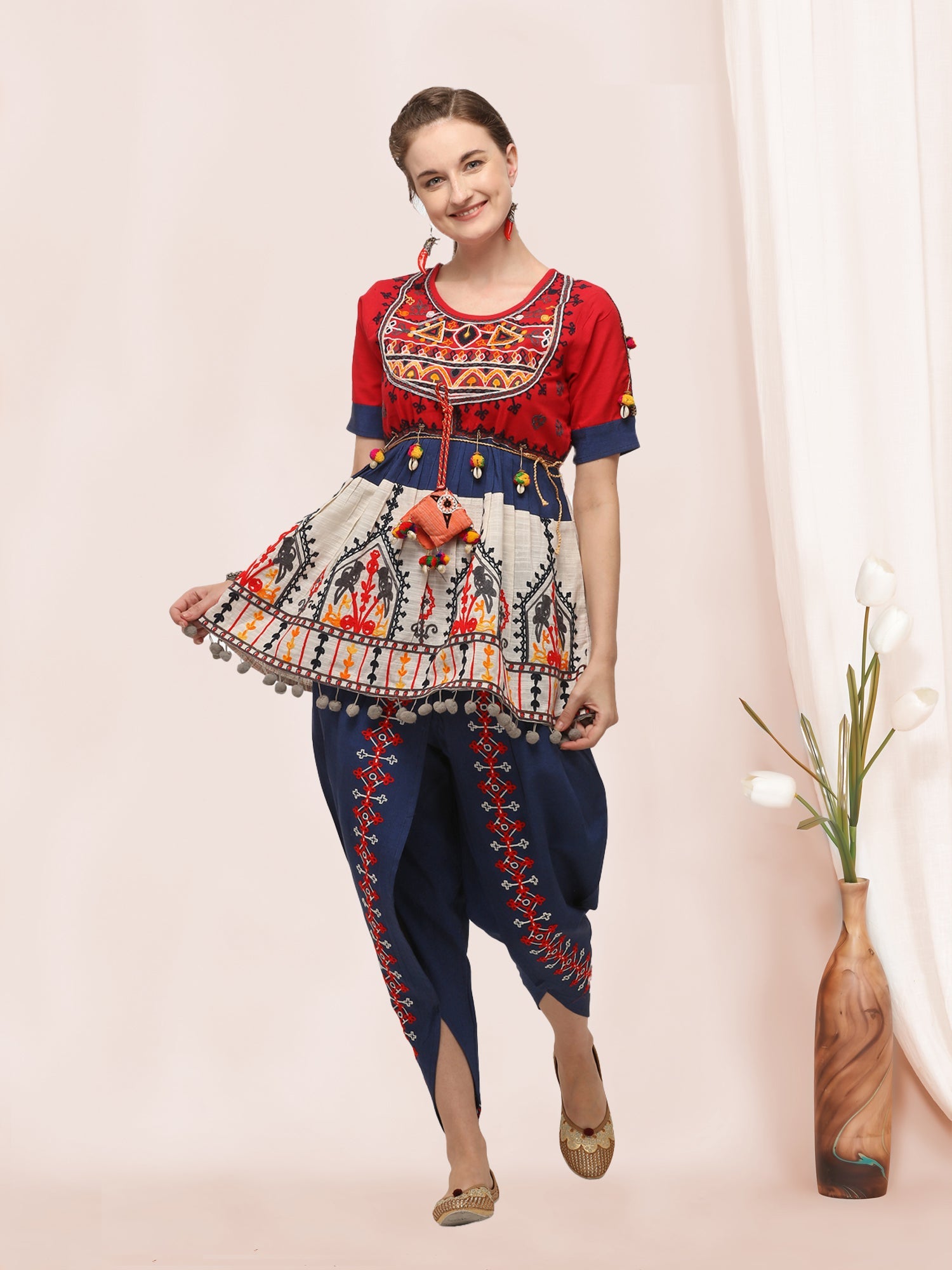 Red yoke and Parrot motif panel embroidered keida and navy blue tulip pants set
