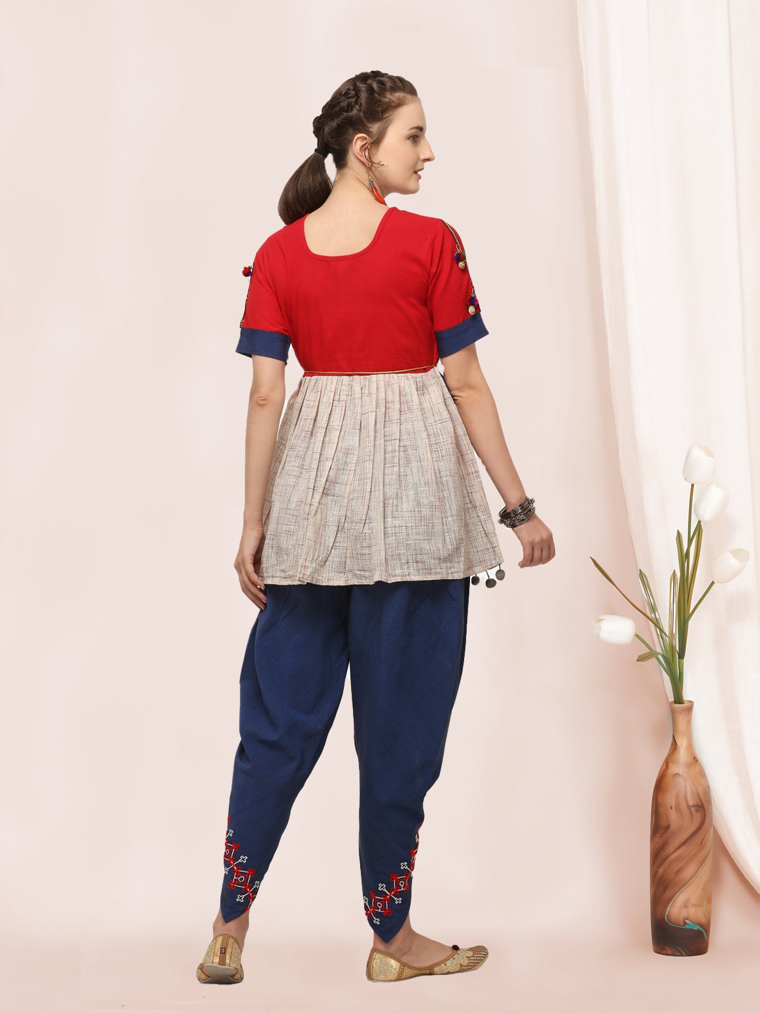 Red yoke and Parrot motif panel embroidered keida and navy blue tulip pants set