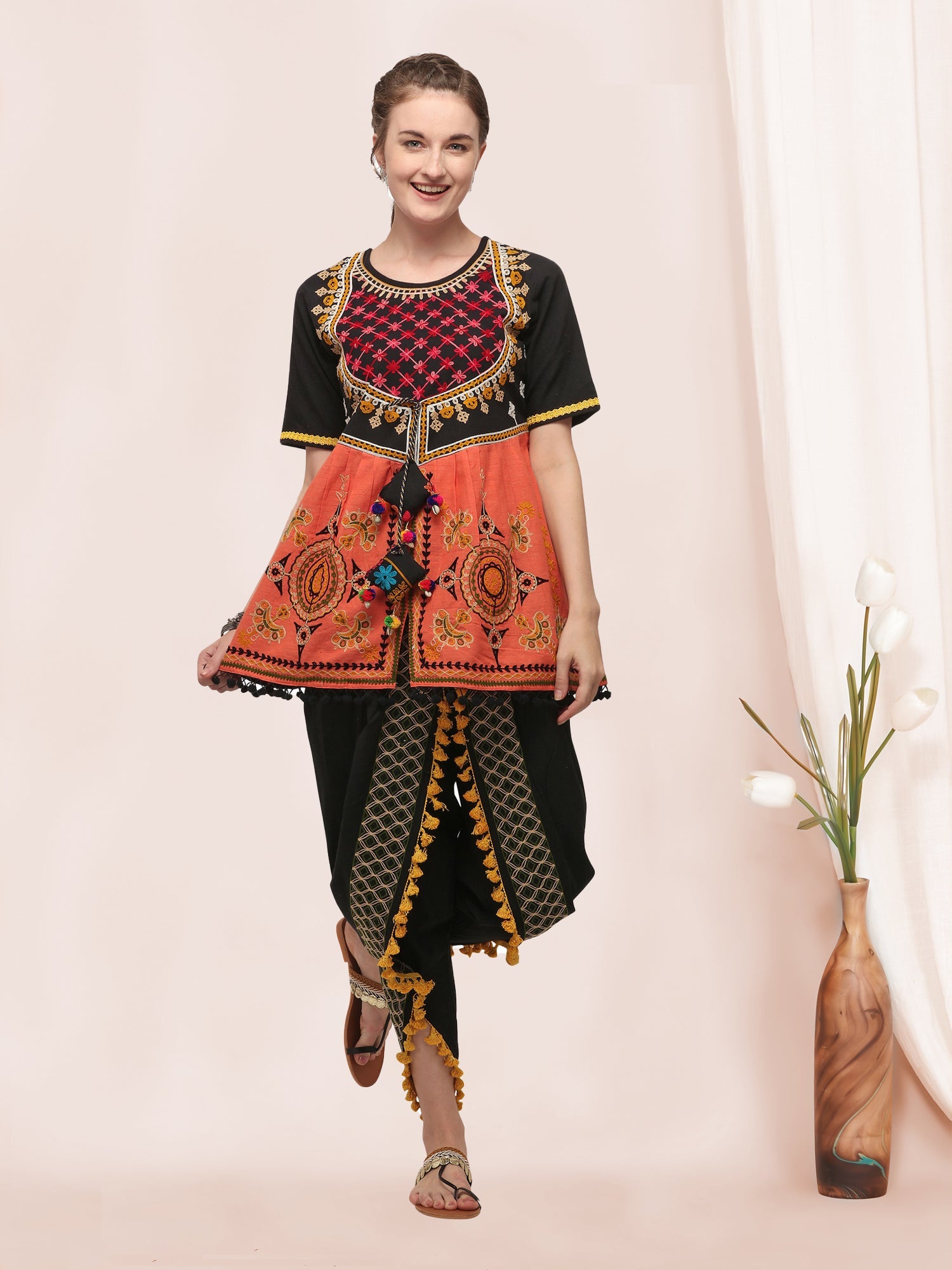 Black maharani yoke embroidered colorful kedia with black tulip pant
