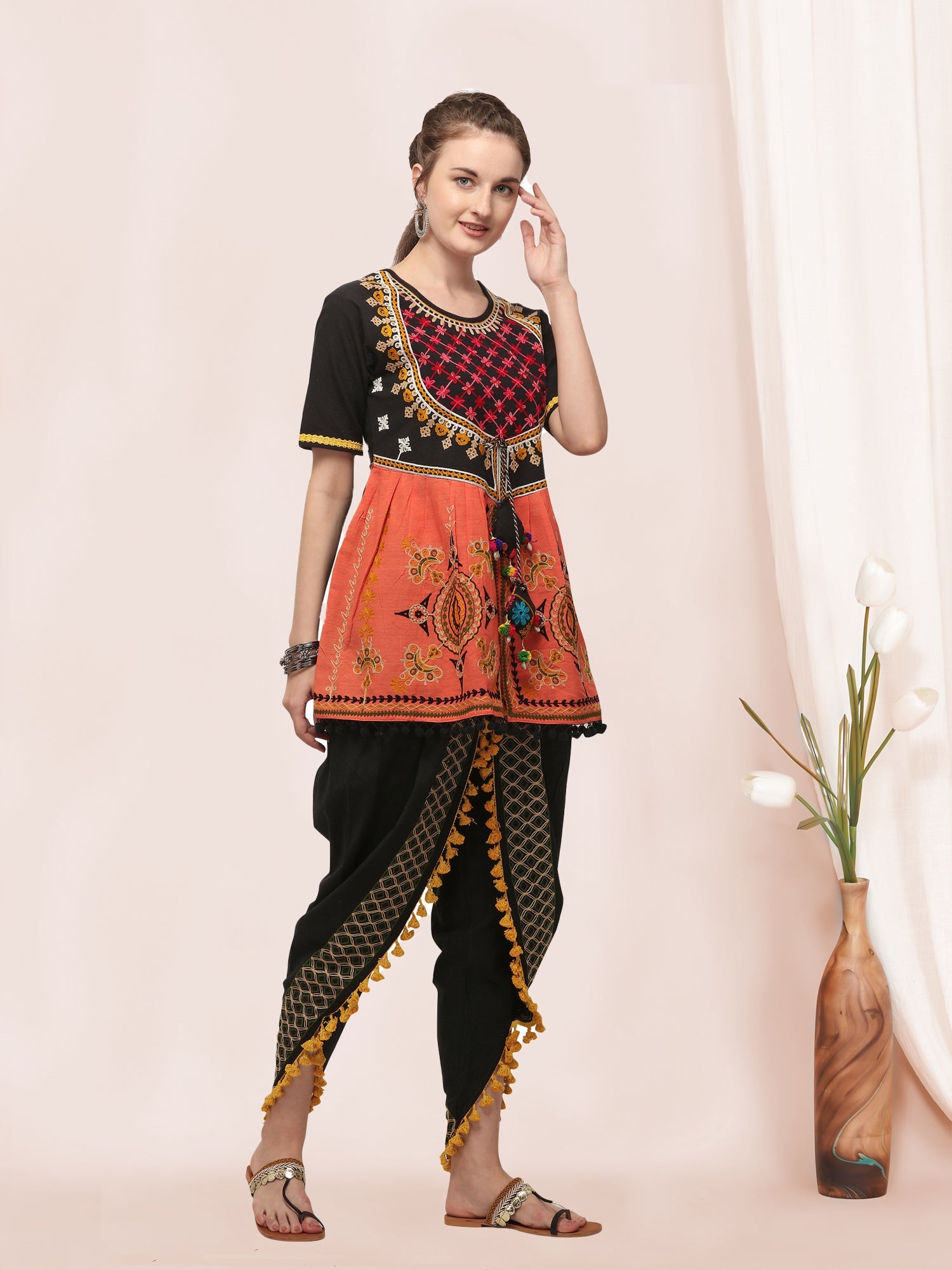 Black maharani yoke embroidered colorful kedia with black tulip pant