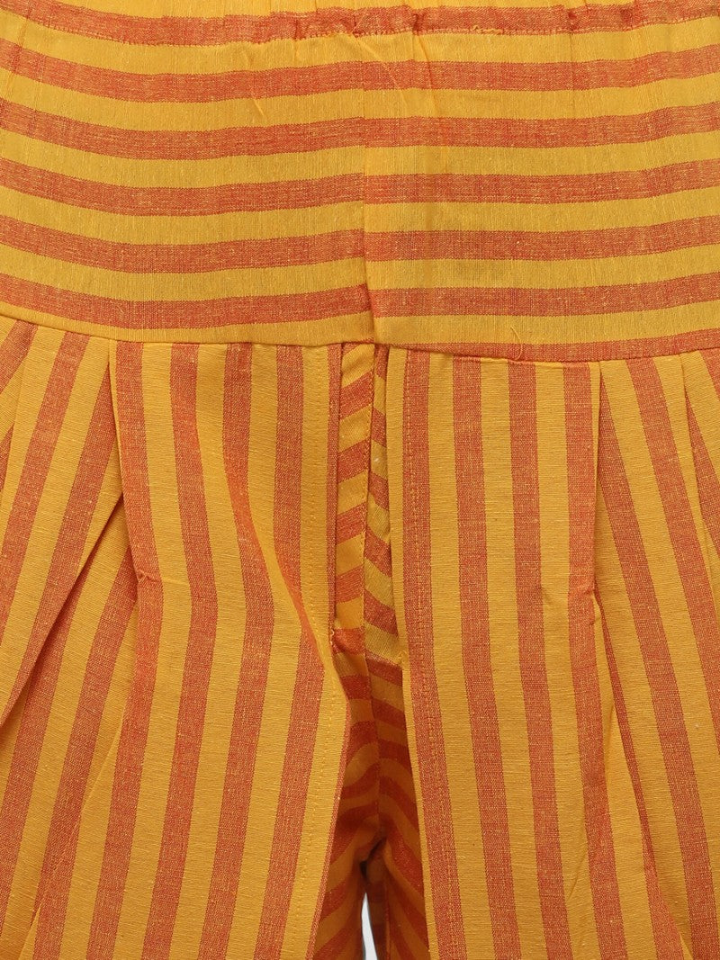 Deep wine foke motif embroidered kedia with yellow striped tulip pant