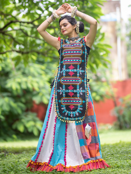 Black geometric motif embroidered panel top paired with colorful flairy skirt