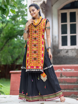 Mustard yellow traditional embroidered panel top with black  daman flairy skirt