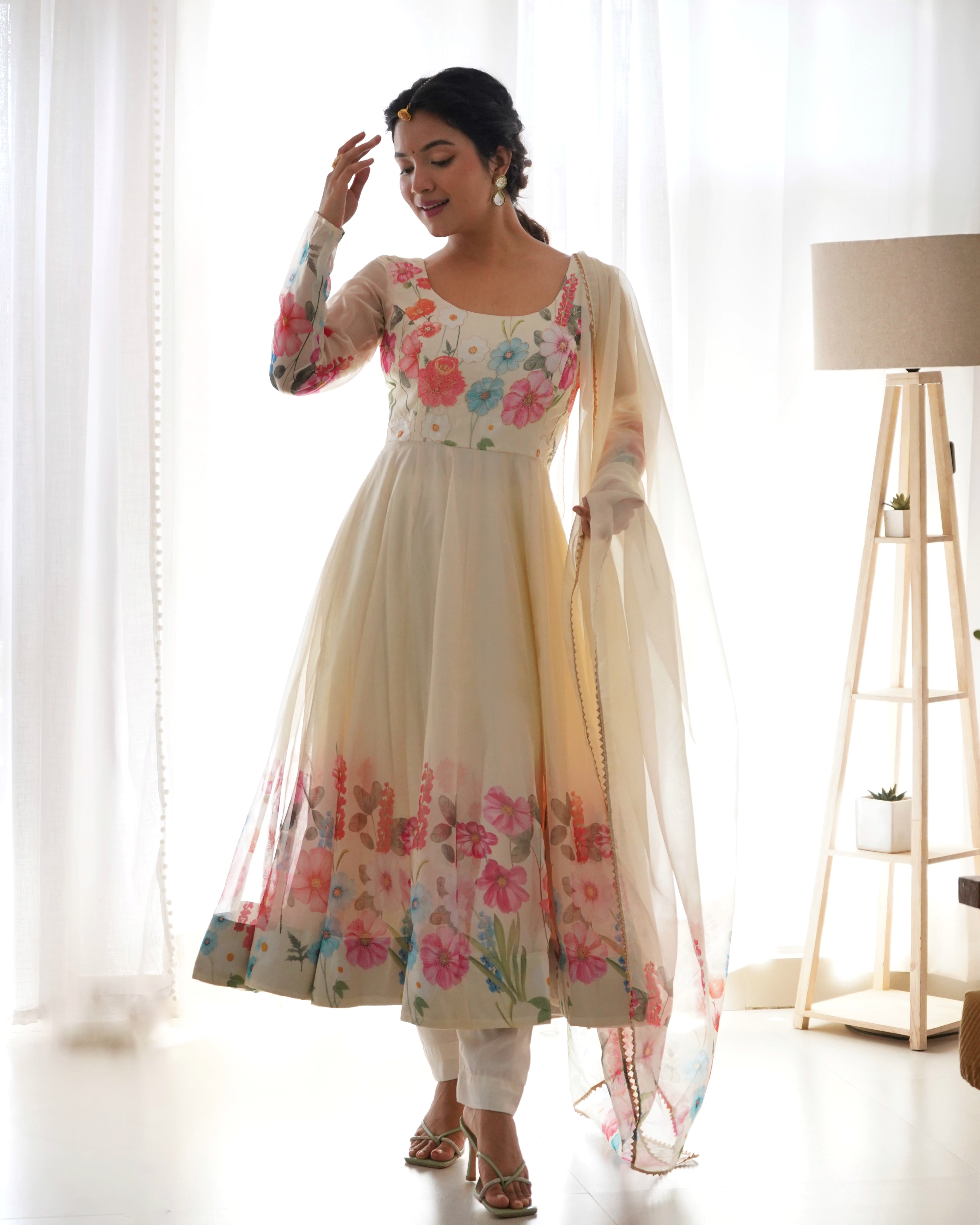 Cream Pure Soft Organza Anarkali Suit Set Comes With Huge Flair, Dupatta & Pant