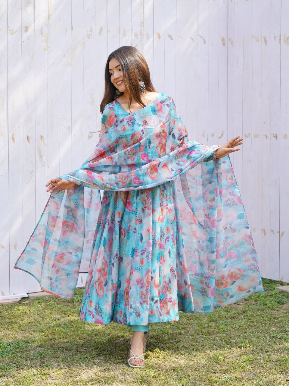 Sky Pure Soft Organza Anarkali Suit Set With Huge Flair, Dupatta & Pant