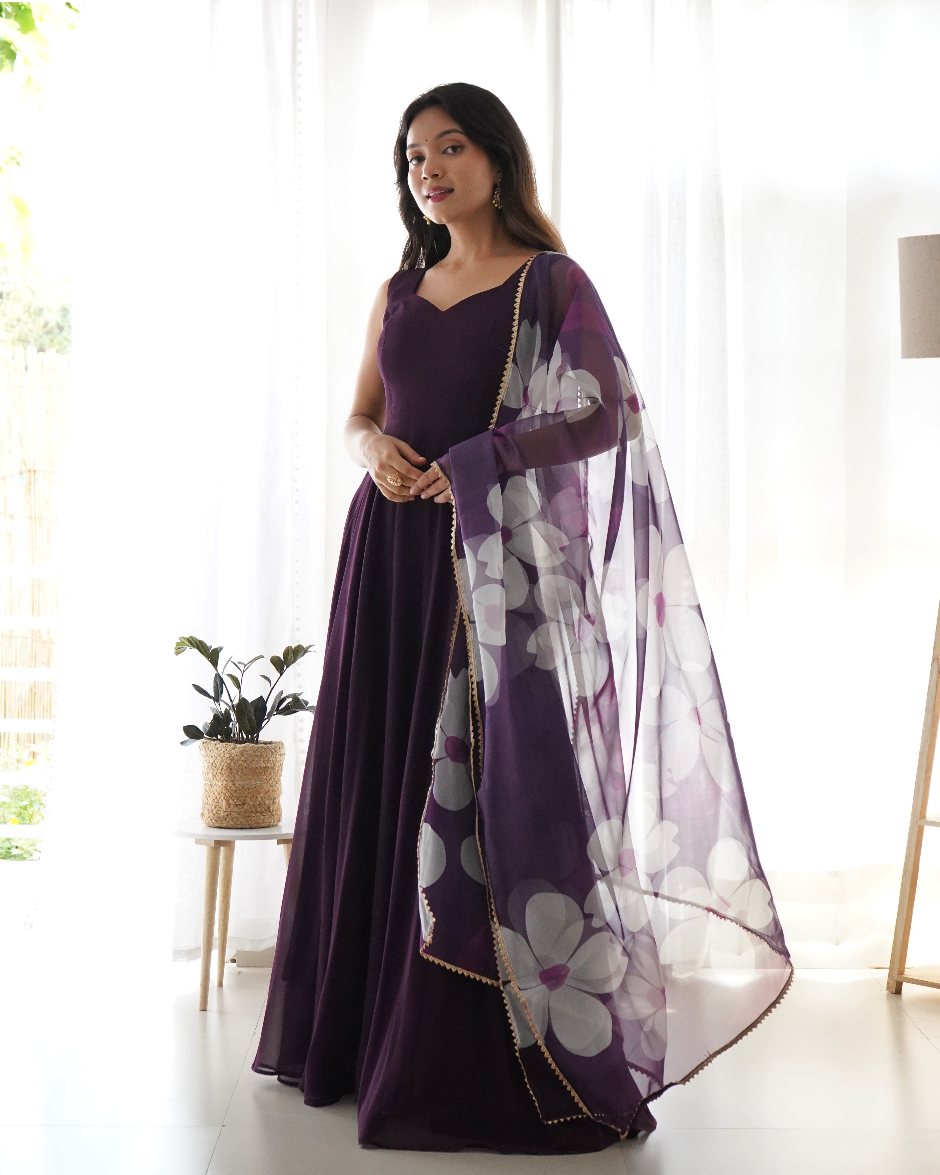 Wine Pure Soft Fox Georgette Full Flared Gown Set With Huge Flair & Dupatta